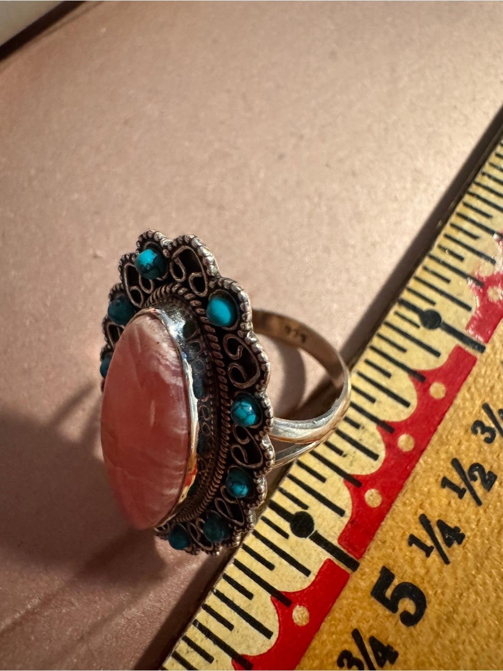925 Sterling Silver Pink Stone and Turquoise Accent Silver Ring Sz 8 - Picture 4 of 9